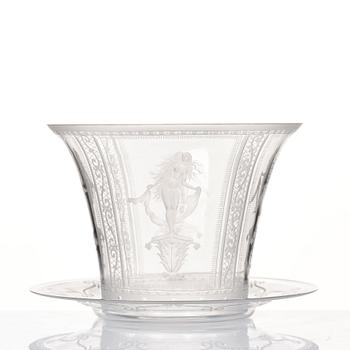 Simon Gate, an glass bowl with plate, Orrefors 1924, engraved by Karl Müller.