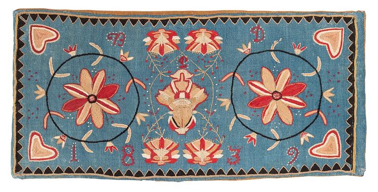 Åkdyna, broderad, ca 92 x 44 cm, Skåne, signerad BD och daterad 1839.