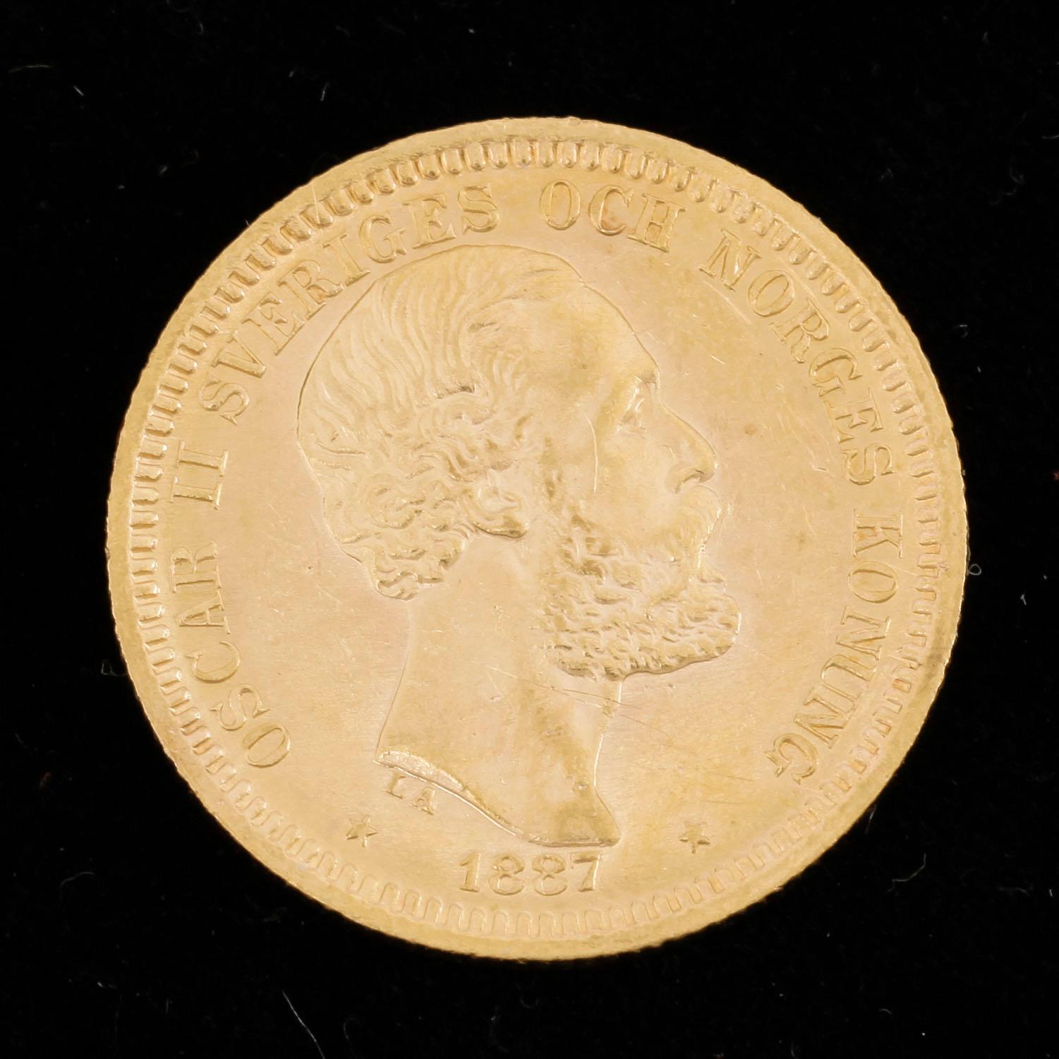 GULDMYNT, 20 Kronor, Oscar II, Sverige-Norge 1887. Vikt ca 8 gram.