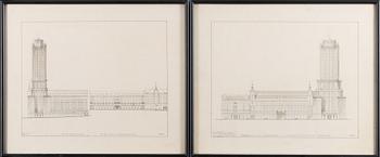 Two architect's drawings of skyscrapers from the 1920s.