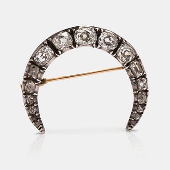 Brosch, 14K guld och silver, gammalslipade diamanter ca 1.24 ct tot. Sent 1800-tal.