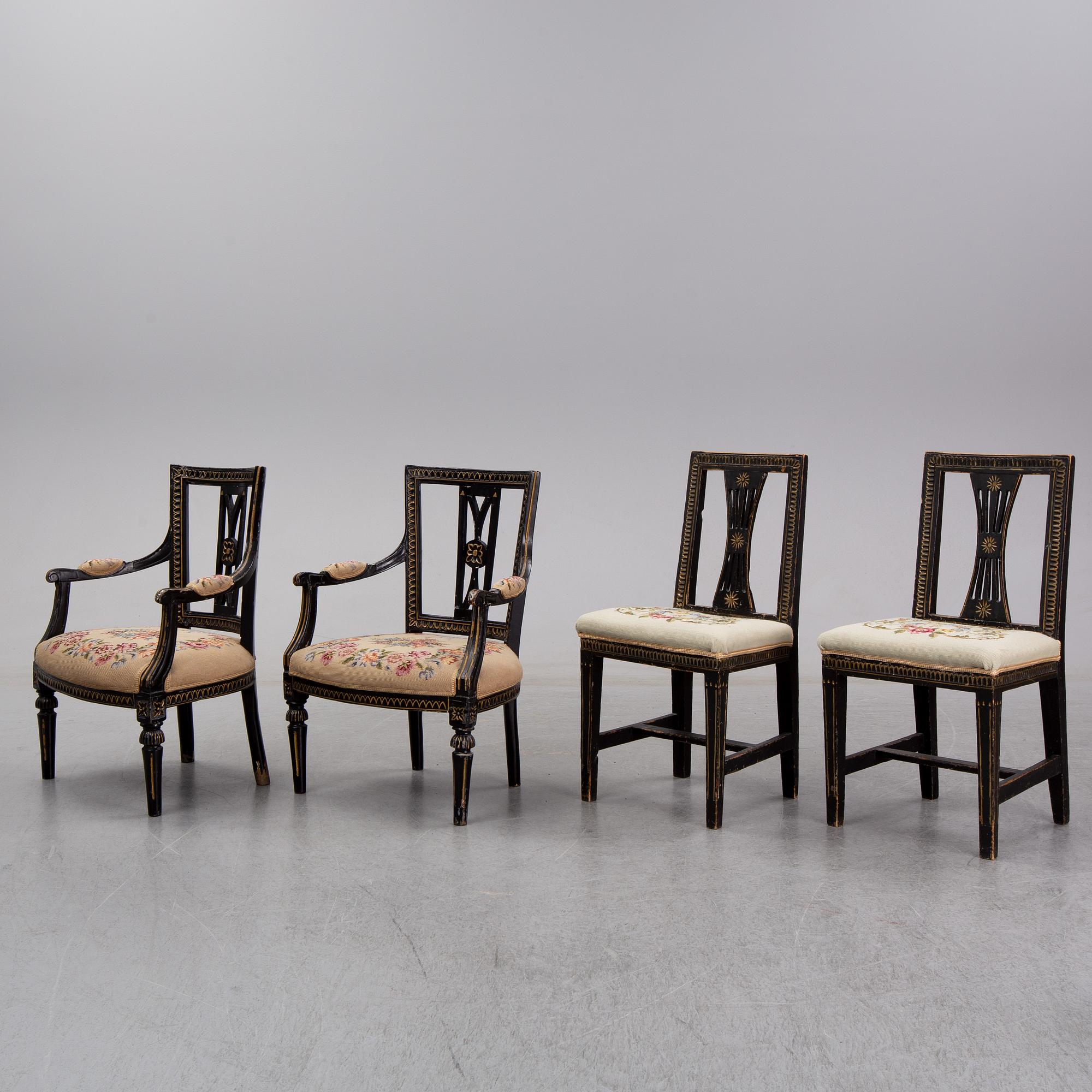 A pair of gustavian armchairs and a pair of gustavian chairs, ca 1800.