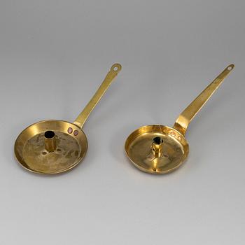 Two 18th century brass night lights.