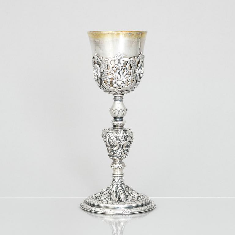 A 19th century parcel-gilt silver cup, unmarked. Renaissance style.