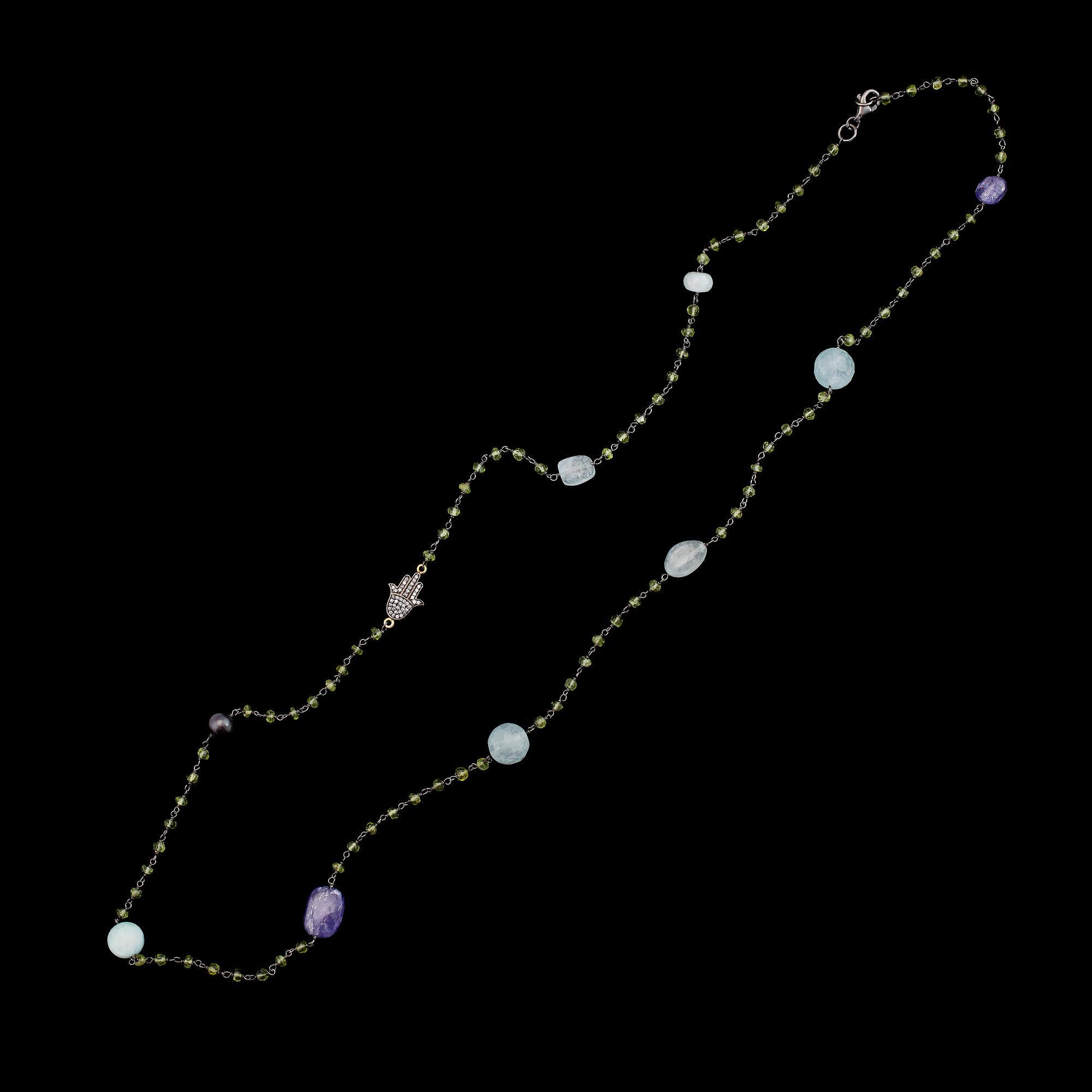 COLLIER, rhodierat sterlingsilver, delvis förgyllt, peridoter, tanzaniter och topaser.