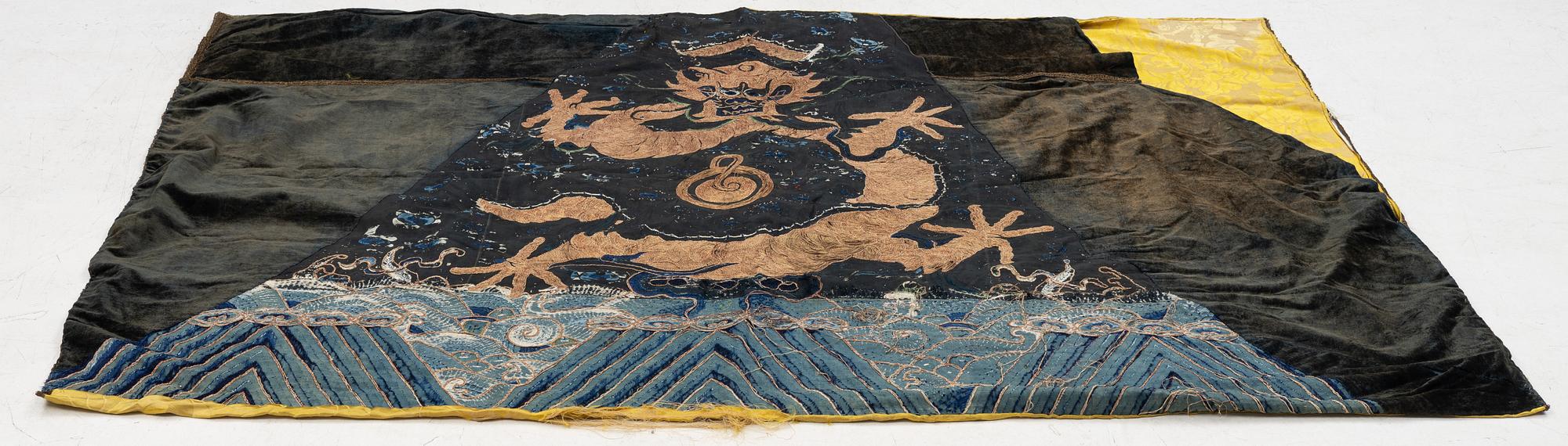 An embrodiered textile with a five clawed dragon, lined with yellow silk, Qing dynasty.