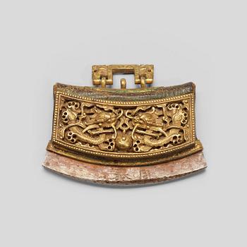 A gilt bronze iron and leather tinder box, presumably Ming Dynasty, 17th century.