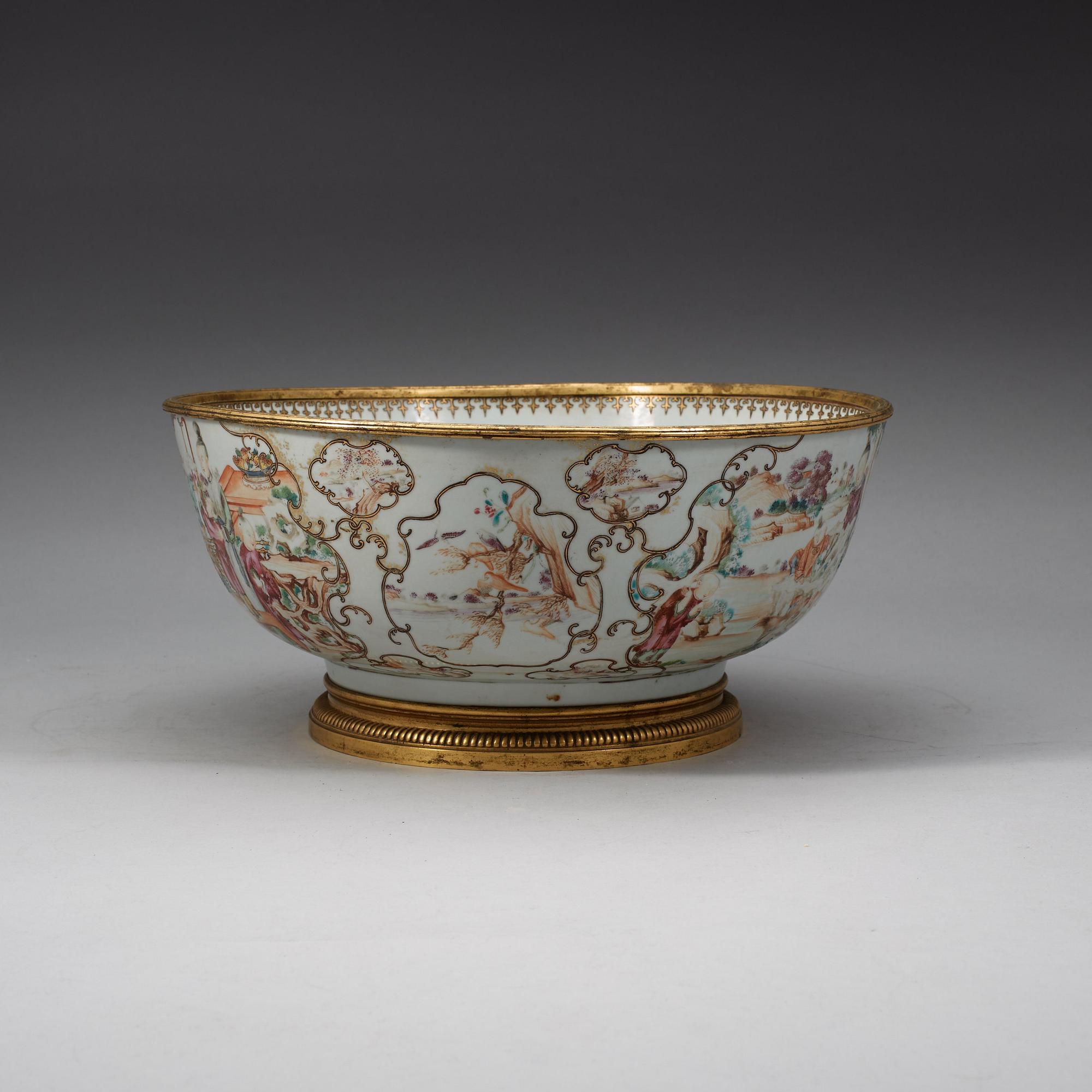 A famille rose bronze mounted punch bowl, Qing dynasty, Qianlong (1736-95).
