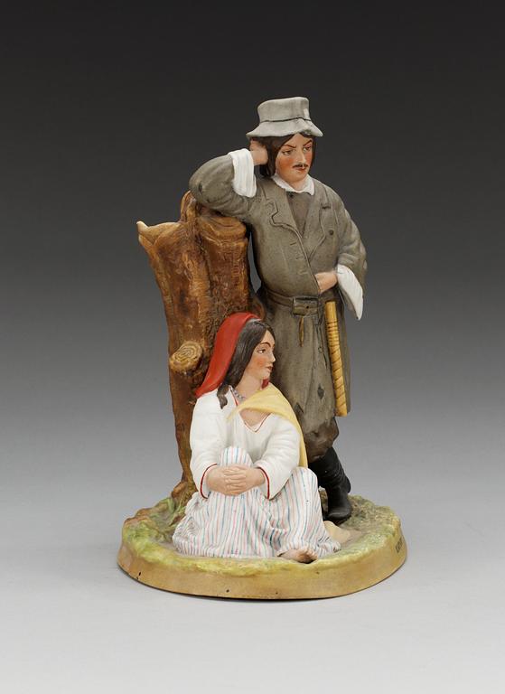 A Russian Gardner bisquit figure group depicting "Gypsies" with a vase, Dmitrovsk Porcelain Factory, ca 1924.