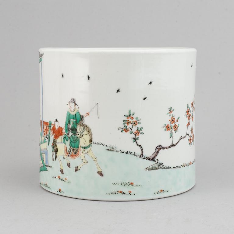 A Chinese famille verte porcelain brush pot, Kangxi style, 20th century.