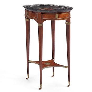 A late Gustavian mahogany, brass-mounted and tôle-peinte tray table by A. Lundelius (master in Stockholm 1778-1823).