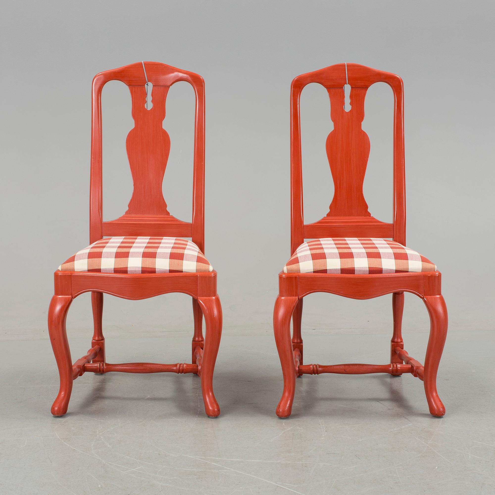A SET OF EIGHT 1990's 18th CENTURY STYLE RED PAINTED CHAIRS.