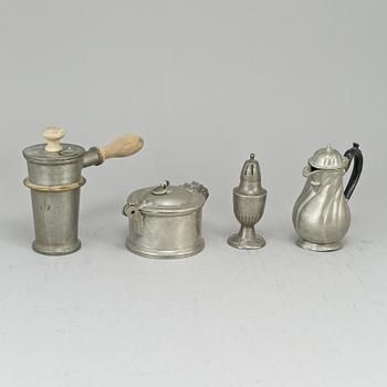 A pewter butter box, chocolate pot, sugar shaker and a canteen, one P Norén Hedemora 1766.