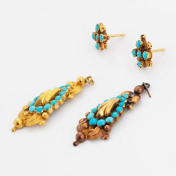 Garnityr, brosch samt örhängen, guld med turkoser. Empire.