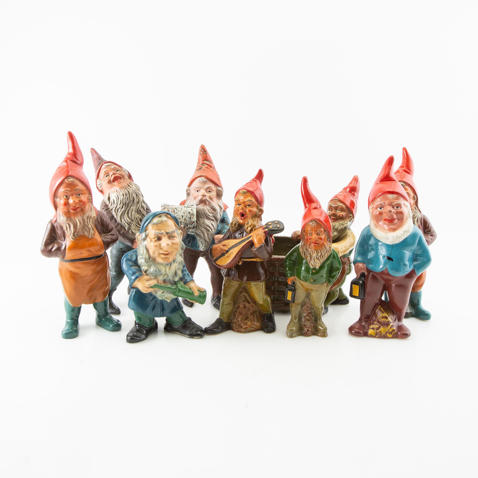 Gnomes 9 pcs mostly Germany mid/second half of the 20th century painted terracotta.