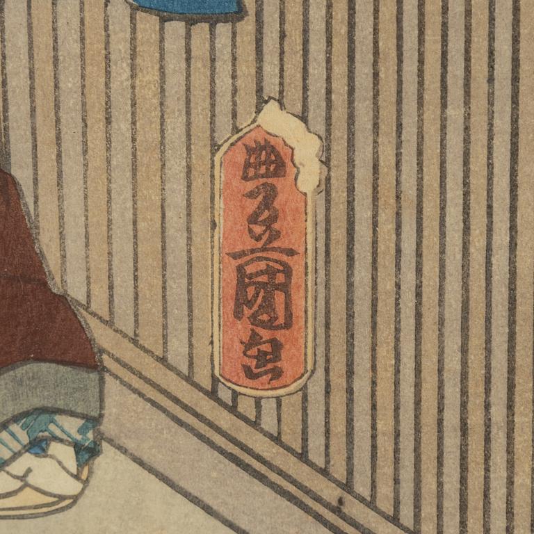 Utagawa Kunisada, a woodblock print triptych, mid 19th Century.