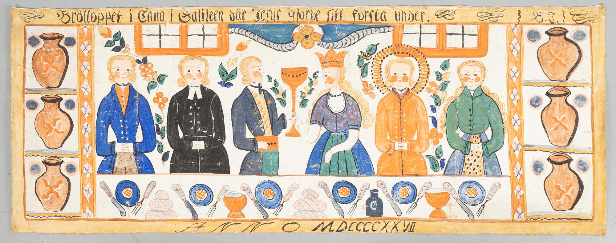 Textile painting, Southern Sweden, probably 19th century, dated 1827?.