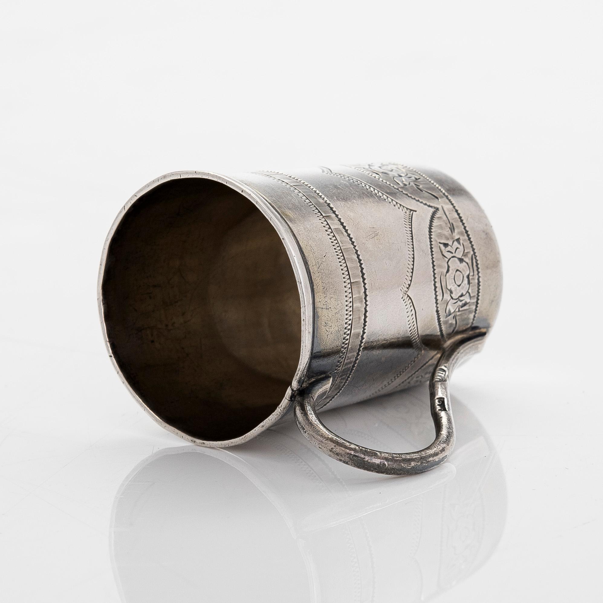 Five silver beakers, maker's mark of  P.J. Silventoinen, and a box, cup and letter opener, Russia, France and Finland.