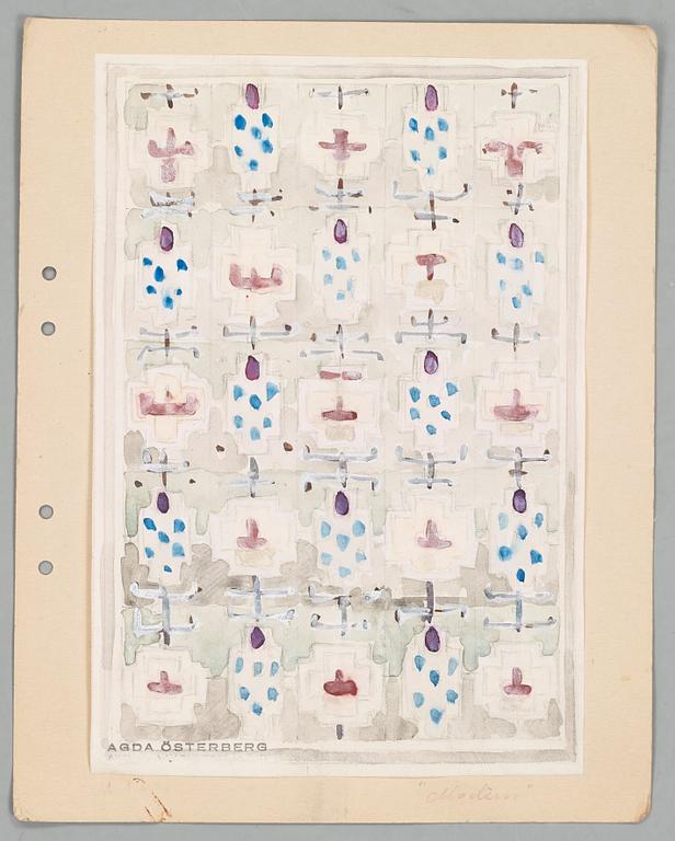 CARPET SKETCHES, 4 sheets. Watercolour and graphite. Three by Agda Österberg and one by Astrid Nyström.