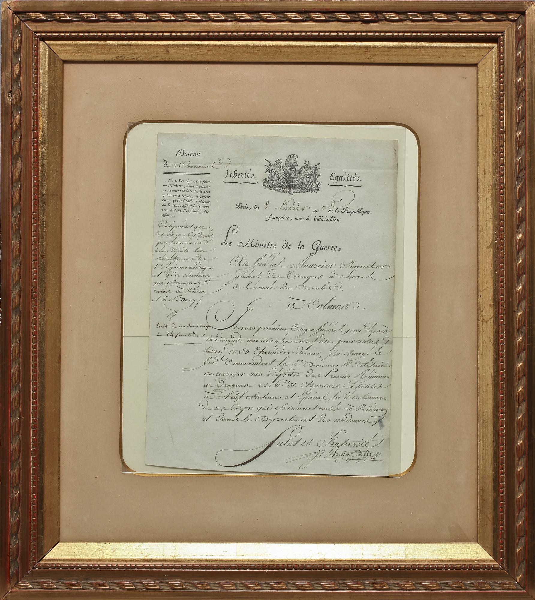 MILITÄRORDER, undertecknad av Jean Baptiste Bernadotte, 1799.