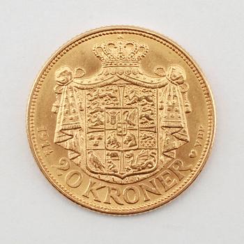 GULDMYNT, 20 kroner, Christian X, Danmark, 1914. Vikt ca 9 gram.