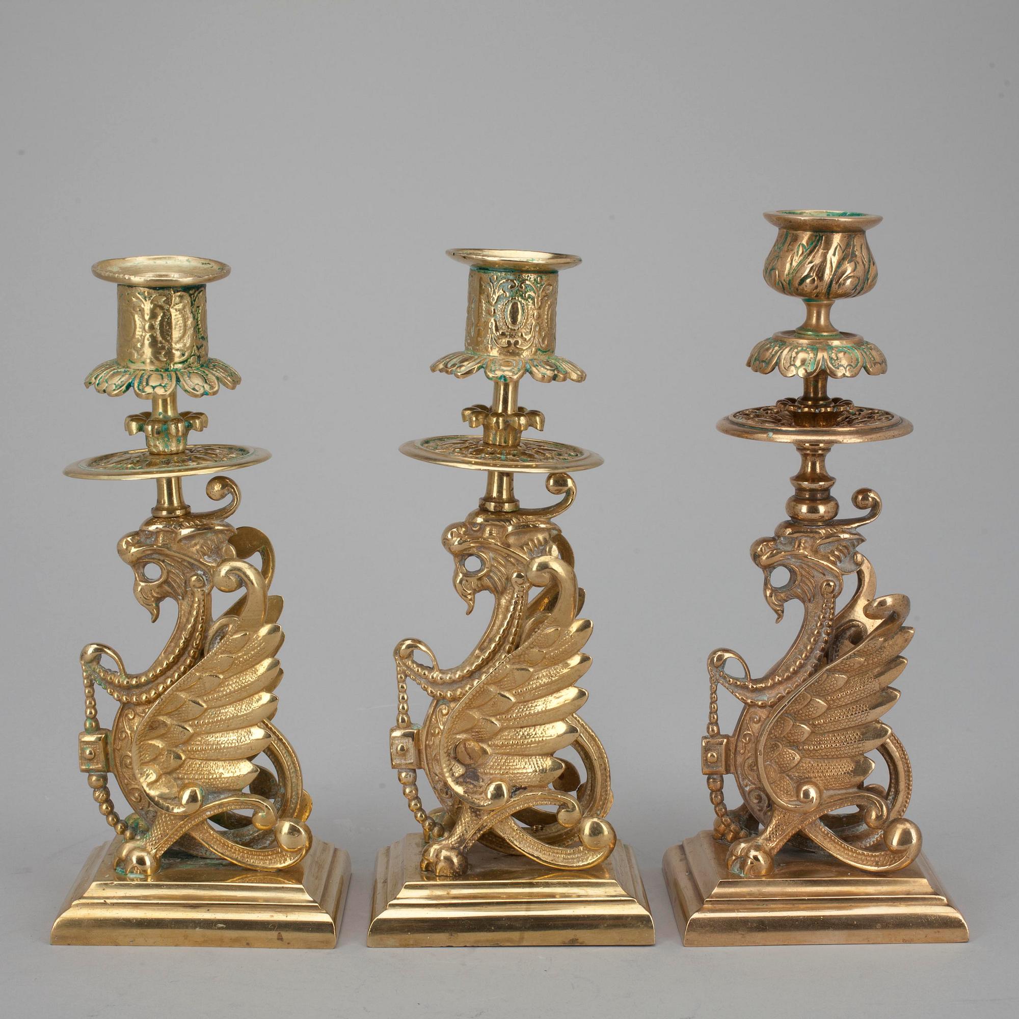 LJUSSTAKAR, 3 st, mässing, sekelskiftet 1800/1900.