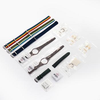 A collection of six watch straps and six buckles, Omega and Longines.