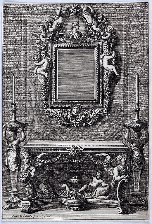 A presumably Dutch Louis XIV carved giltwood frame with mirror glass, in the style of Jean Le Pautre, late 17th century.