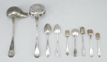 PARTI SILVERBESTICK, 9 delar, flertal mästare, bla Carl Fredrik Olsson i Stockholm. 1800-1900-tal. Tot ca 178 gram.