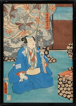 UTAGAWA KUNISADA (TOYOKUNI III), tillskrivna, 3 st, träsnitt, signerad i trycket.