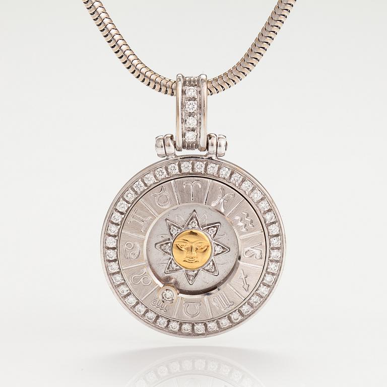 An 18K white gold horoscope pendant with a 14K white gold chain. Diamonds ca. 0.78 ct in total. Silvan.