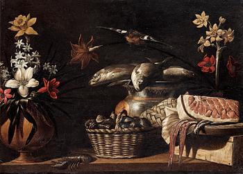 389. Giuseppe Recco Tillskriven, Stilleben med fiskar, musslor, kräfta och blommor.