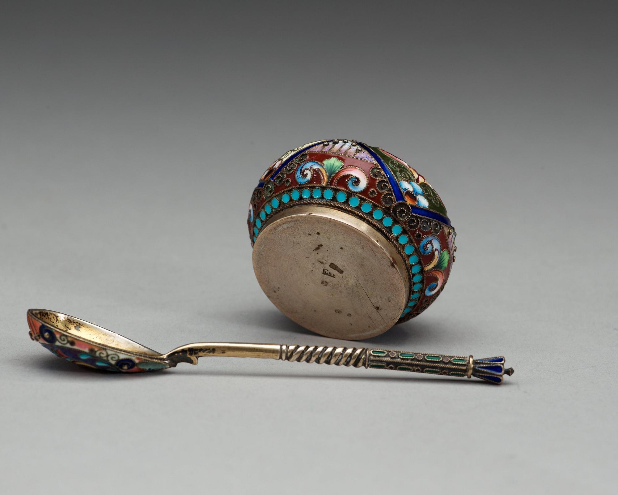 A Russian 19th century silver-gilt and enamel salt and coffee-spoon.