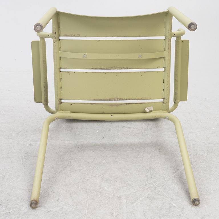 Frédéric Sofia, a table and two chairs for outdoor use, "Luxembourg" Fermob, France, 21st century.