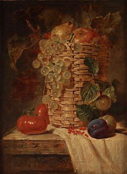 George Lance, Still life with pears, grapes, plums and tomatoes.