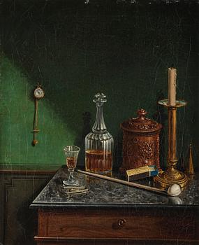 672. Unknown artist, possibly Scandinavia, mid-19th century, Still Life with chalk pipe, decanter, matches, and tobacco tin.