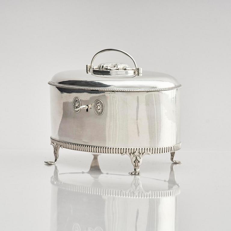 A Swedish 19th century silver sugar-casket and tong, marks of Adolf Zethelius, Stockholm 1819.