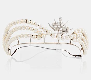 852. A tiara with cultured pearls and a detachable WA Bolin platinum brooch set with old-cut diamonds.