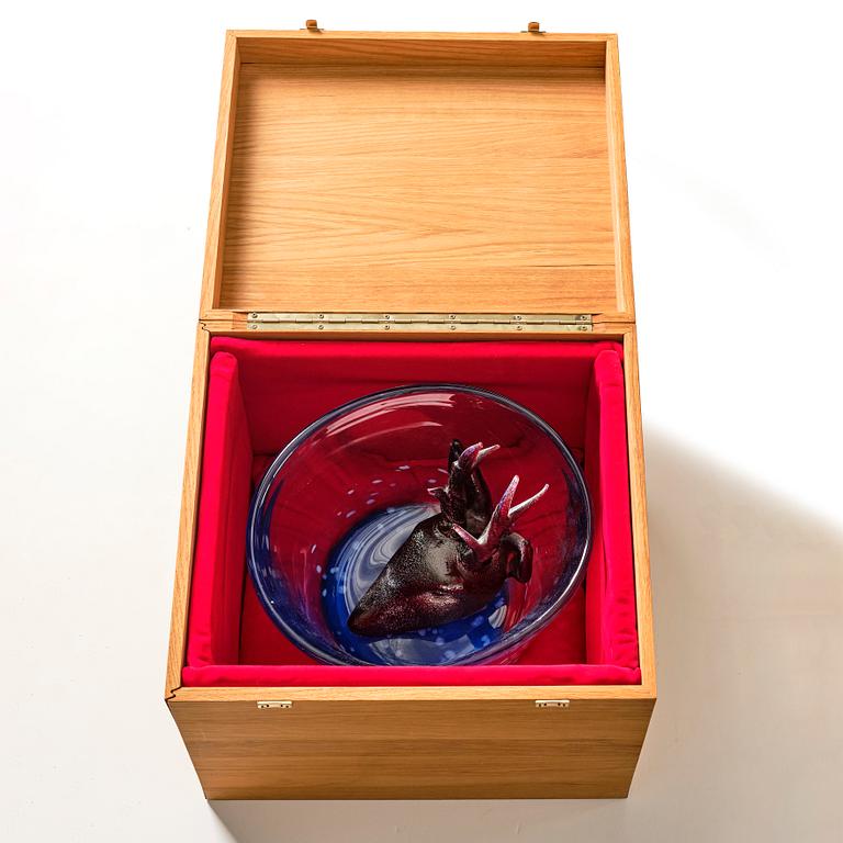 Ernst Billgren, a glass sculpture "Swimming Deer", in wooden box, Kosta Boda, Sweden, lim. ed. 23/30.