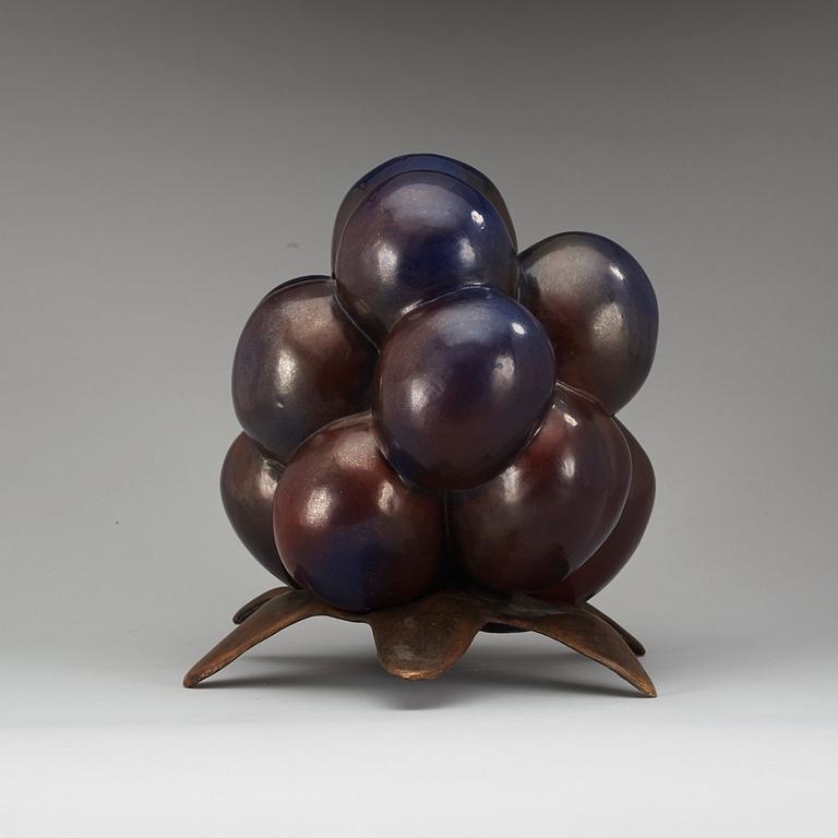 A Hans Hedberg faience sculpture of a blackberry with a patinated bronze stand, Biot, France.