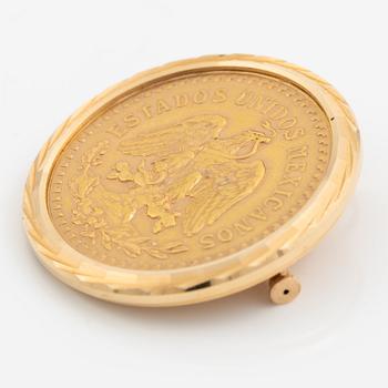 Brooch/pendant, 18K gold with set gold coin, 50 pesos, Mexico.