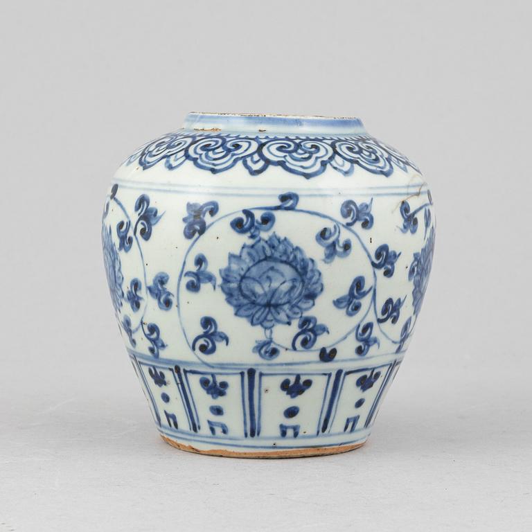 A pair of Chinese blue and white jars with covers, and one jar, Ming dynasty (1368-1644).