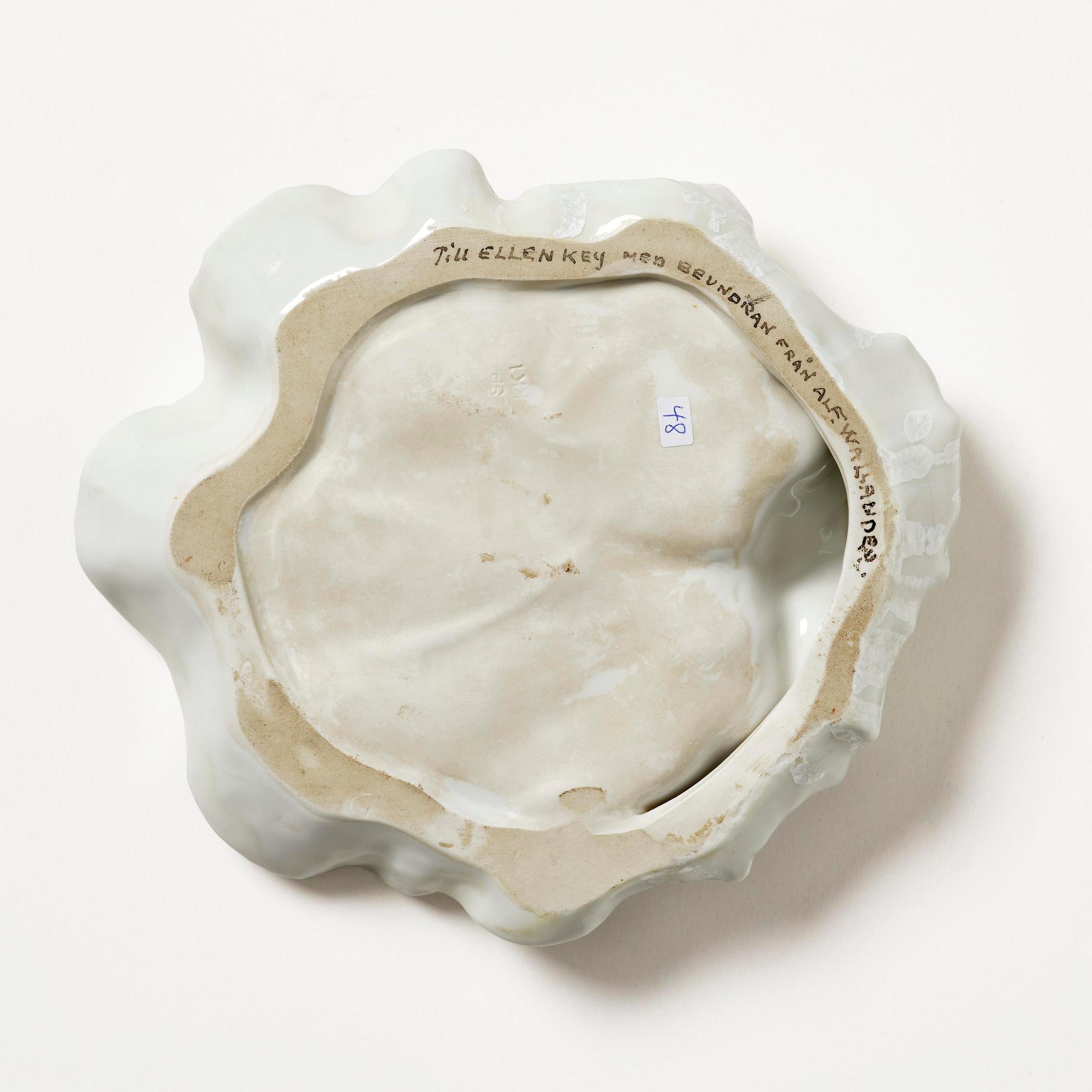 Alf Wallander, an Art Nouveau porcelain dish, Rörstrand, ca 1900, with dedication to Ellen Key.