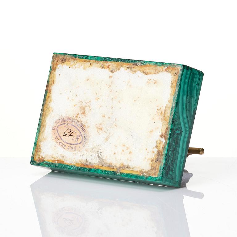 A Russian Nicholas II malachite-veneered and gilt-bronze paperweight, late 19th century.