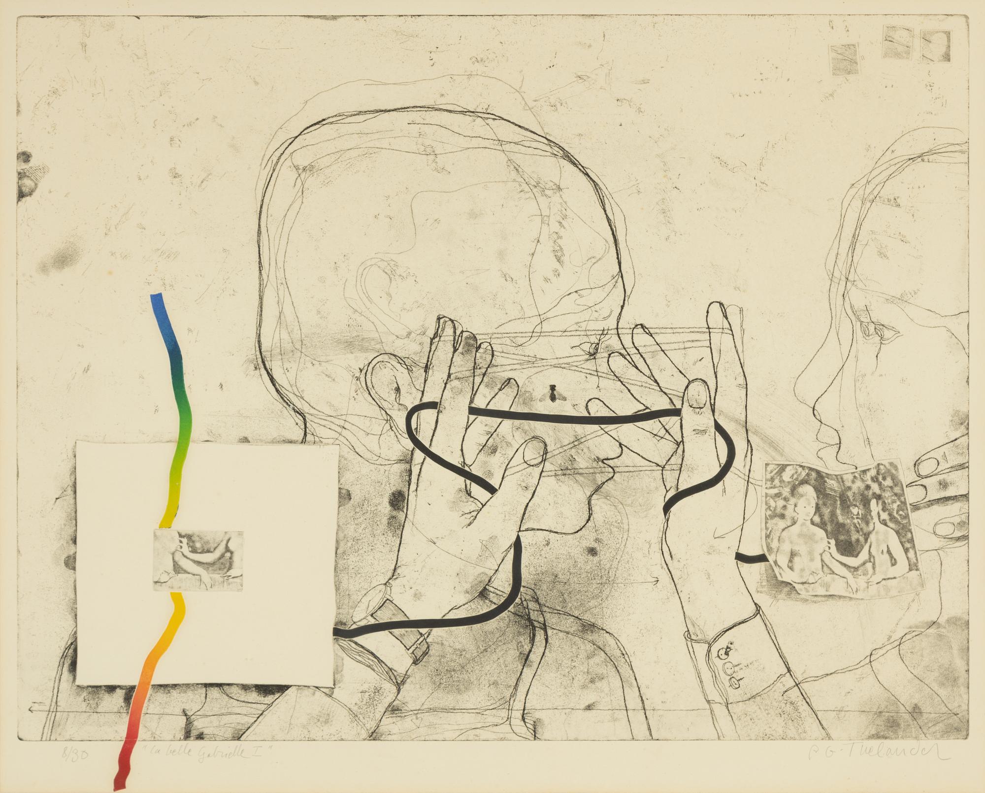 PG Thelander, etsning med utskurna separatinfärgade plåtar, 1966, signerad 8/30.