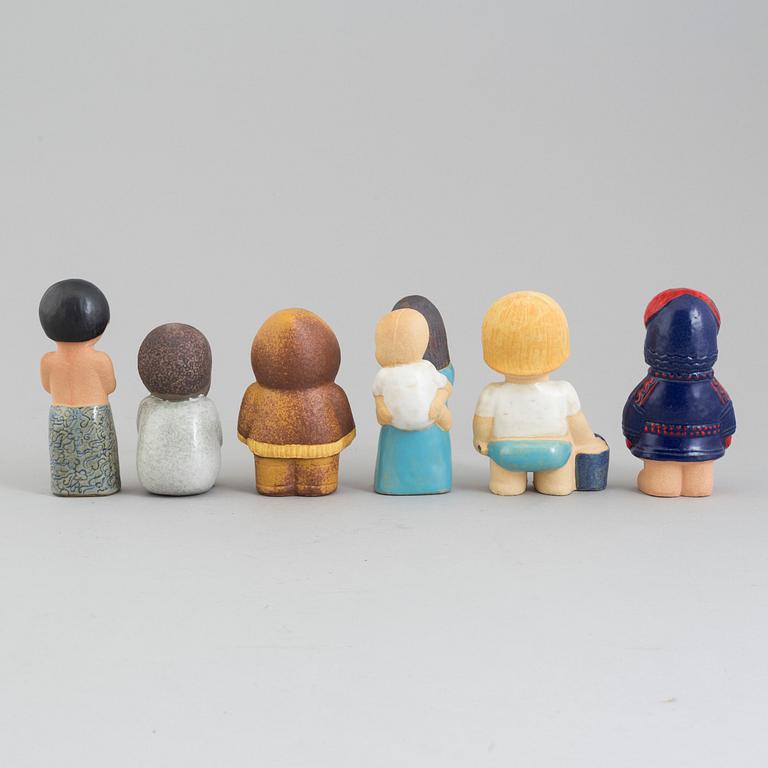 A collection of six stonewear figurines from the series "All världens barn" by Lisa Larson for Gustavsberg.