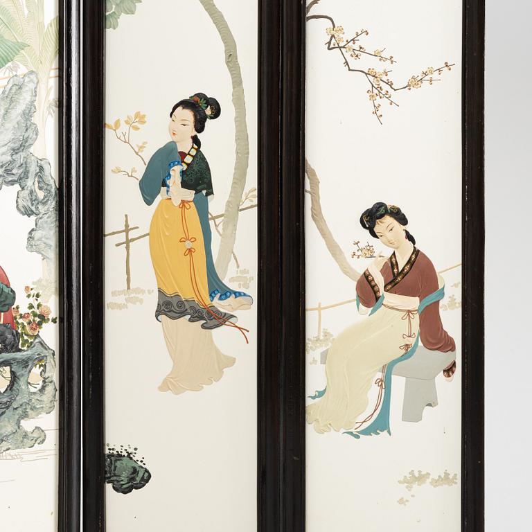 A Chinese mixed-media folding screen, mid 20th century.