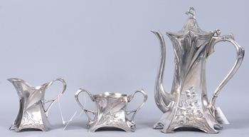 KAFFESERVIS, 3 del, vitmetall, WMF, jugend 1900-talets första hälft.