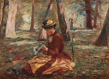 806. Carl Emil Lund, Woman knitting in the park.