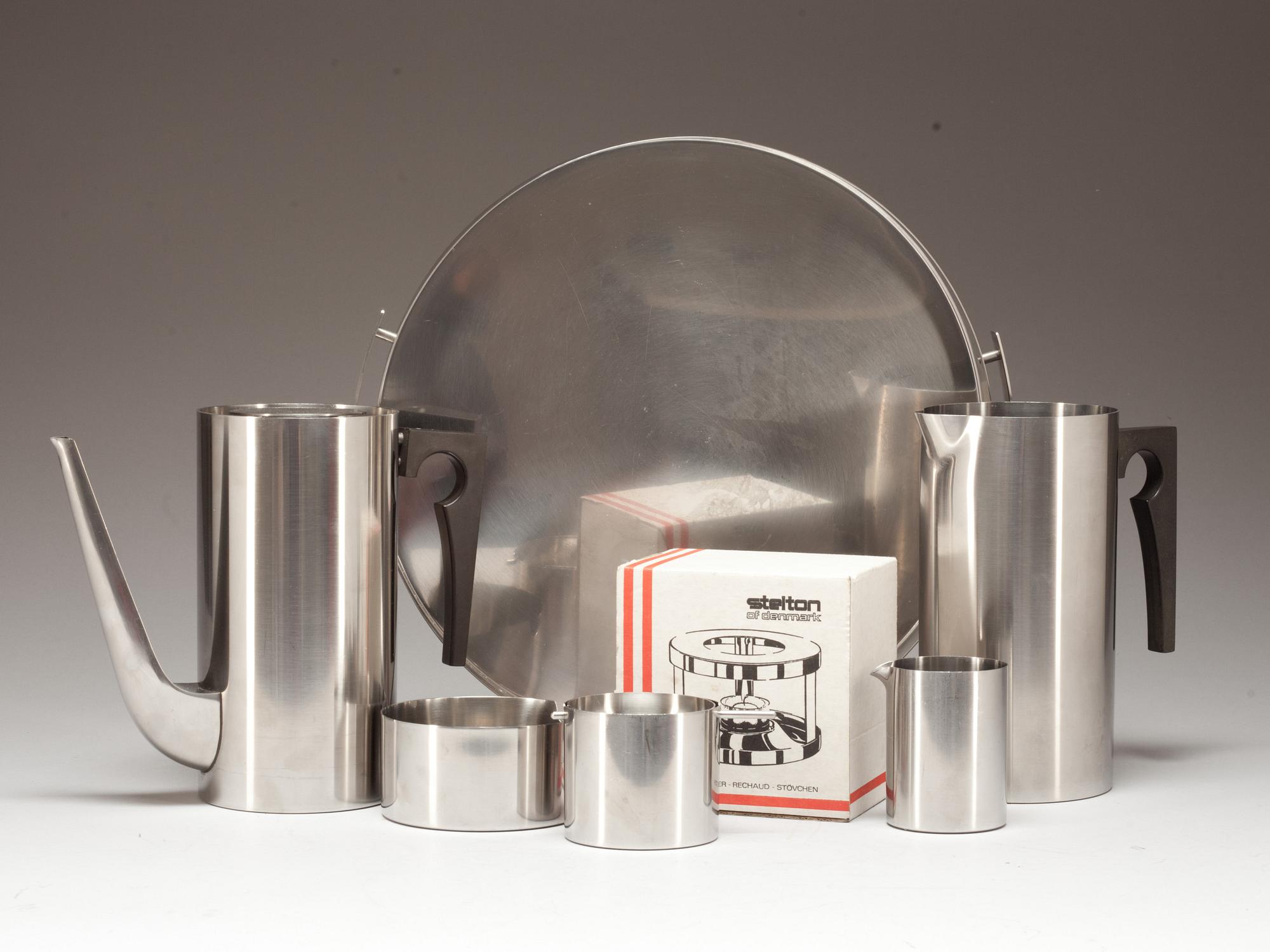 KAFFESET, 7 delar, rostfritt stål, "Cylinda-Line", Arne Jacobsen, Stelton, Danmark, 1900-tal.